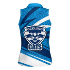 Geelong Cats Australian Football Women Sleeveless Polo Shirt Fierce Cat Mascot With Indigenous Pattern Art