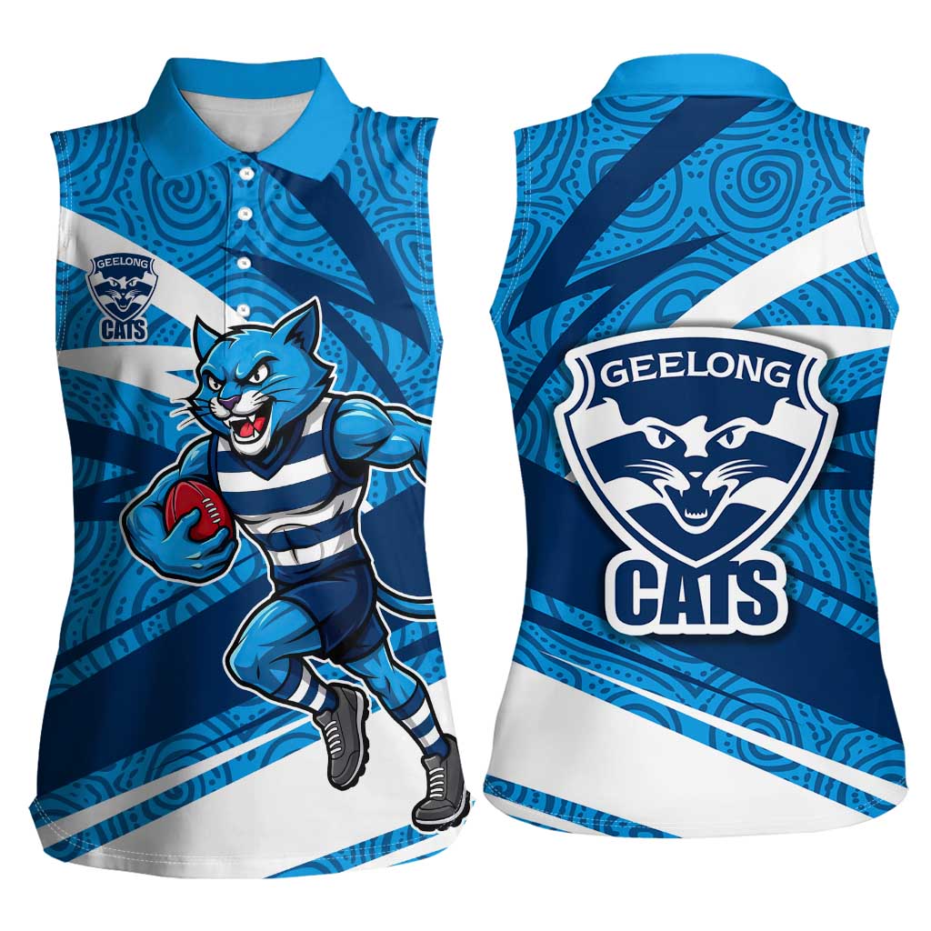 Geelong Cats Australian Football Women Sleeveless Polo Shirt Fierce Cat Mascot With Indigenous Pattern Art