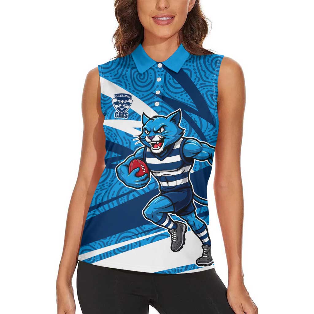 Geelong Cats Australian Football Women Sleeveless Polo Shirt Fierce Cat Mascot With Indigenous Pattern Art