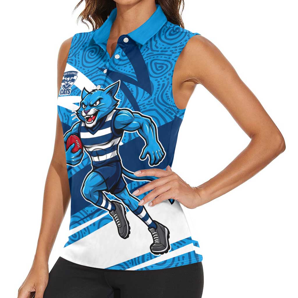 Geelong Cats Australian Football Women Sleeveless Polo Shirt Fierce Cat Mascot With Indigenous Pattern Art