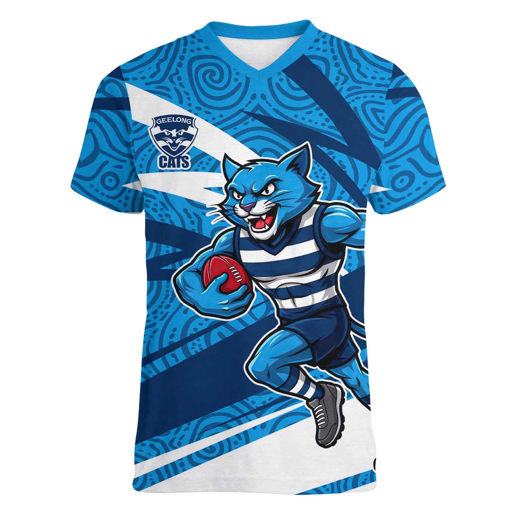 Geelong Cats Australian Football Women V-Neck T-Shirt Fierce Cat Mascot With Indigenous Pattern Art