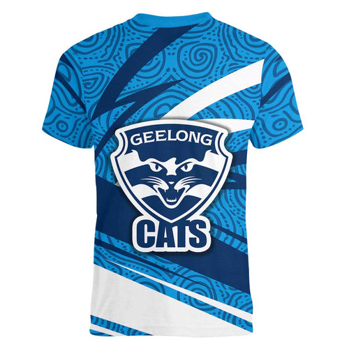 Geelong Cats Australian Football Women V-Neck T-Shirt Fierce Cat Mascot With Indigenous Pattern Art