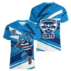 Geelong Cats Australian Football Women V-Neck T-Shirt Fierce Cat Mascot With Indigenous Pattern Art
