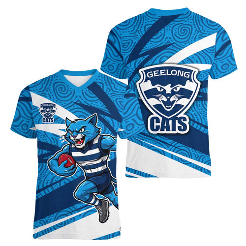 Geelong Cats Australian Football Women V-Neck T-Shirt Fierce Cat Mascot With Indigenous Pattern Art