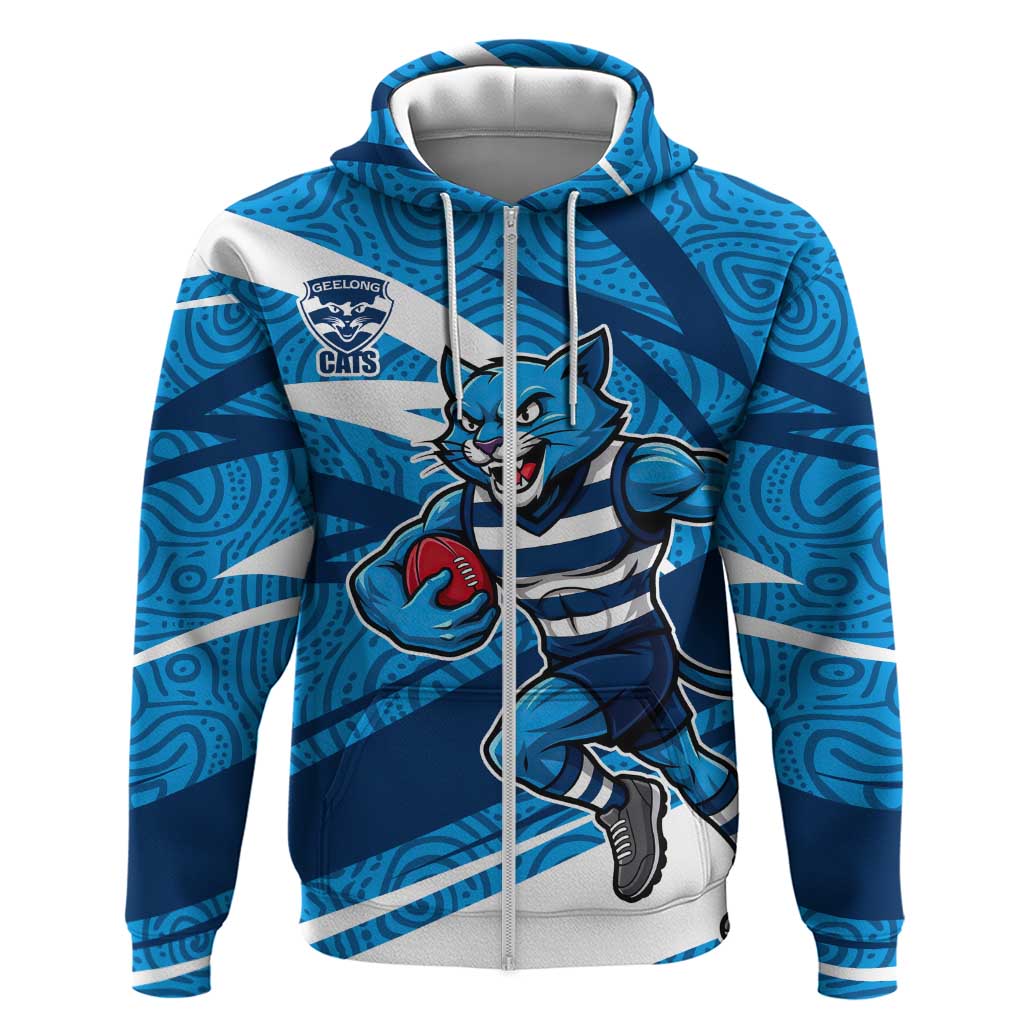 Geelong Cats Australian Football Zip Hoodie Fierce Cat Mascot With Indigenous Pattern Art