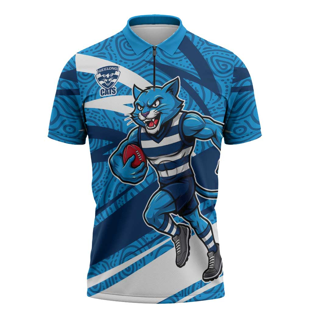 Geelong Cats Australian Football Zipper Polo Shirt Fierce Cat Mascot With Indigenous Pattern Art