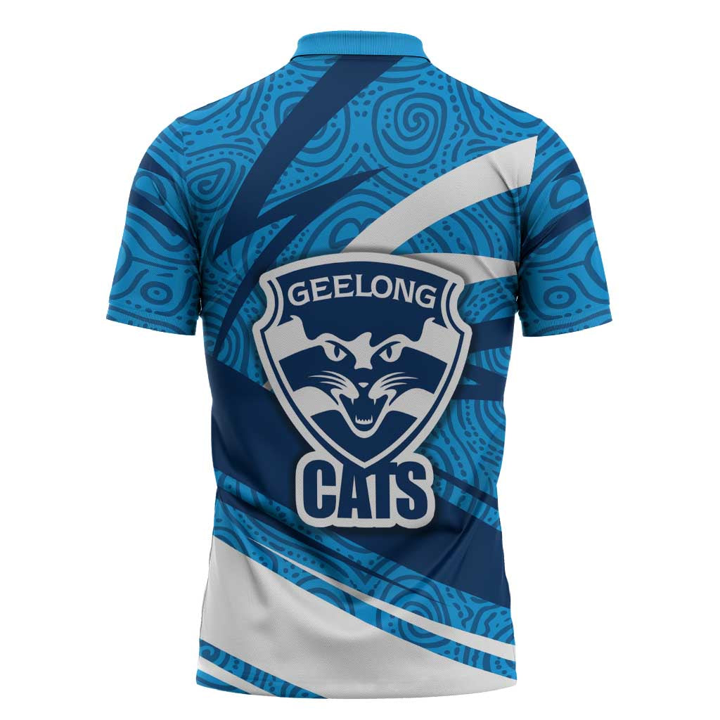Geelong Cats Australian Football Zipper Polo Shirt Fierce Cat Mascot With Indigenous Pattern Art