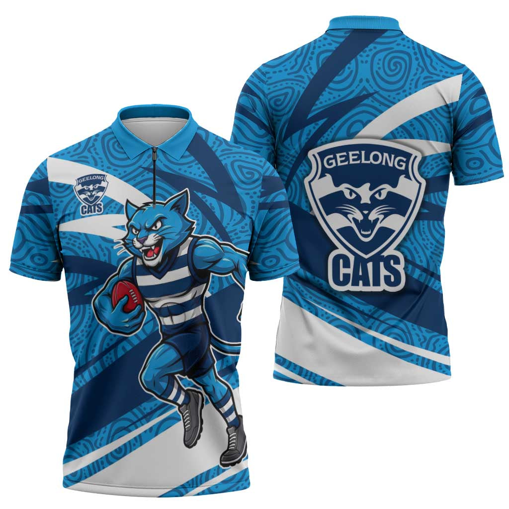 Geelong Cats Australian Football Zipper Polo Shirt Fierce Cat Mascot With Indigenous Pattern Art