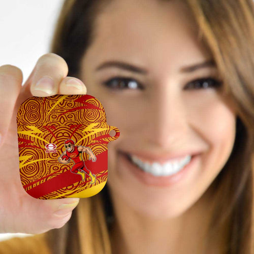 Gold Coast Suns Australian Football AirPods Case Sunny Hero Mascot With Indigenous Pattern Art