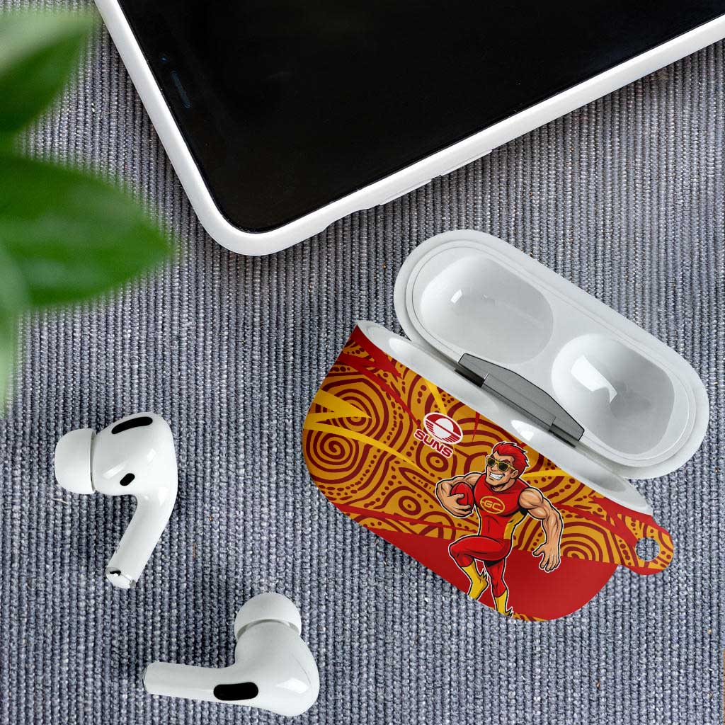 Gold Coast Suns Australian Football AirPods Case Sunny Hero Mascot With Indigenous Pattern Art