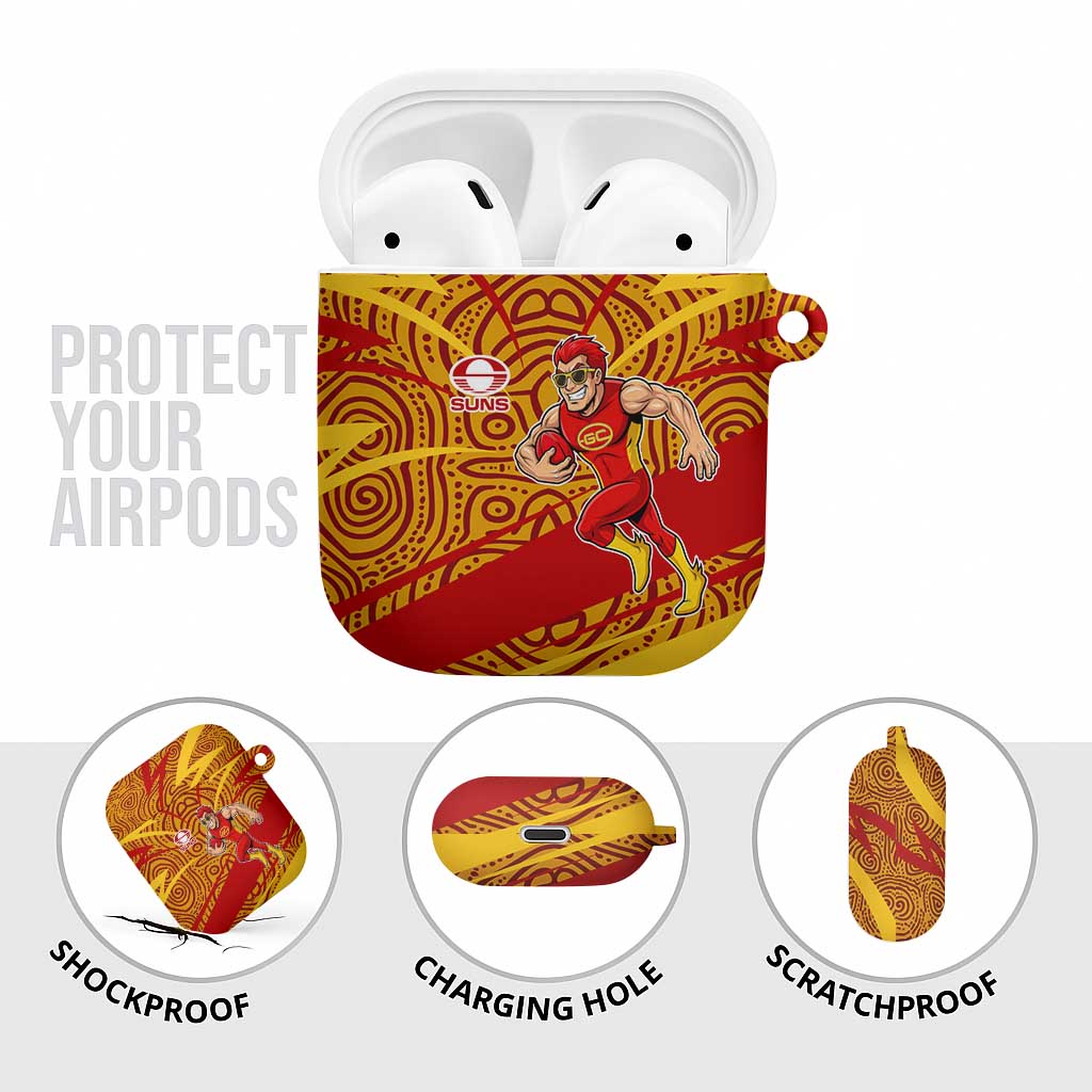Gold Coast Suns Australian Football AirPods Case Sunny Hero Mascot With Indigenous Pattern Art