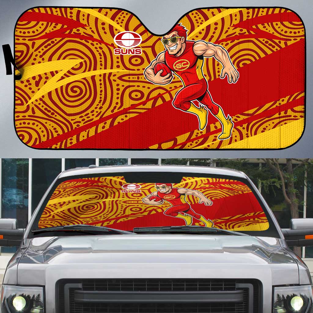 Gold Coast Suns Australian Football Auto Sun Shade Sunny Hero Mascot With Indigenous Pattern Art