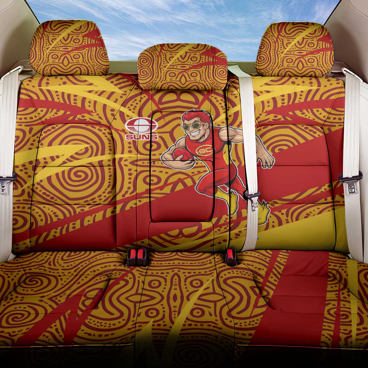 Gold Coast Suns Australian Football Back Car Seat Cover Sunny Hero Mascot With Indigenous Pattern Art