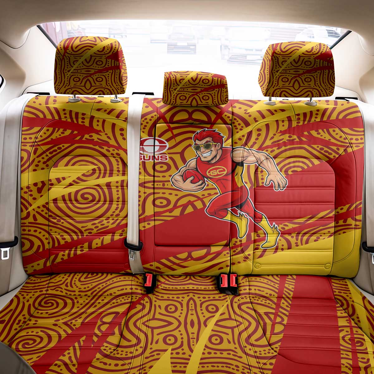 Gold Coast Suns Australian Football Back Car Seat Cover Sunny Hero Mascot With Indigenous Pattern Art