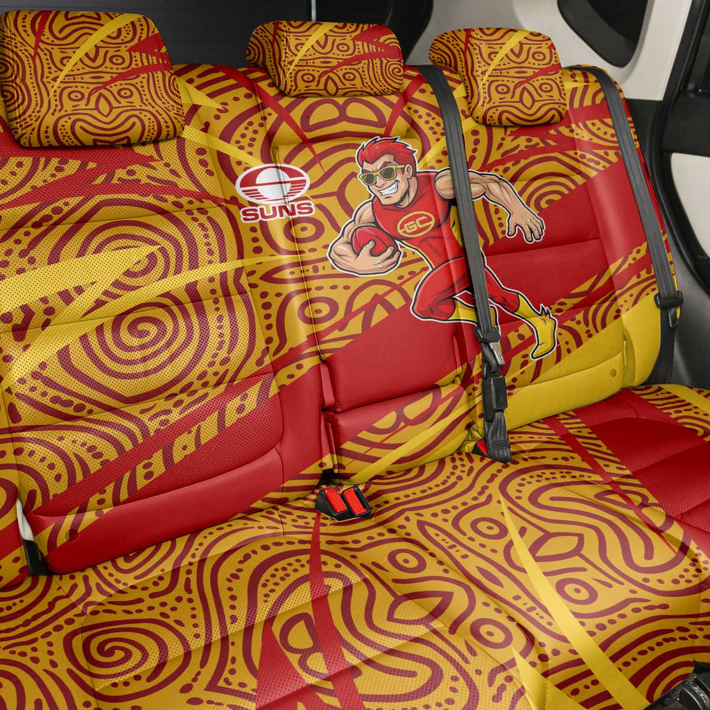 Gold Coast Suns Australian Football Back Car Seat Cover Sunny Hero Mascot With Indigenous Pattern Art