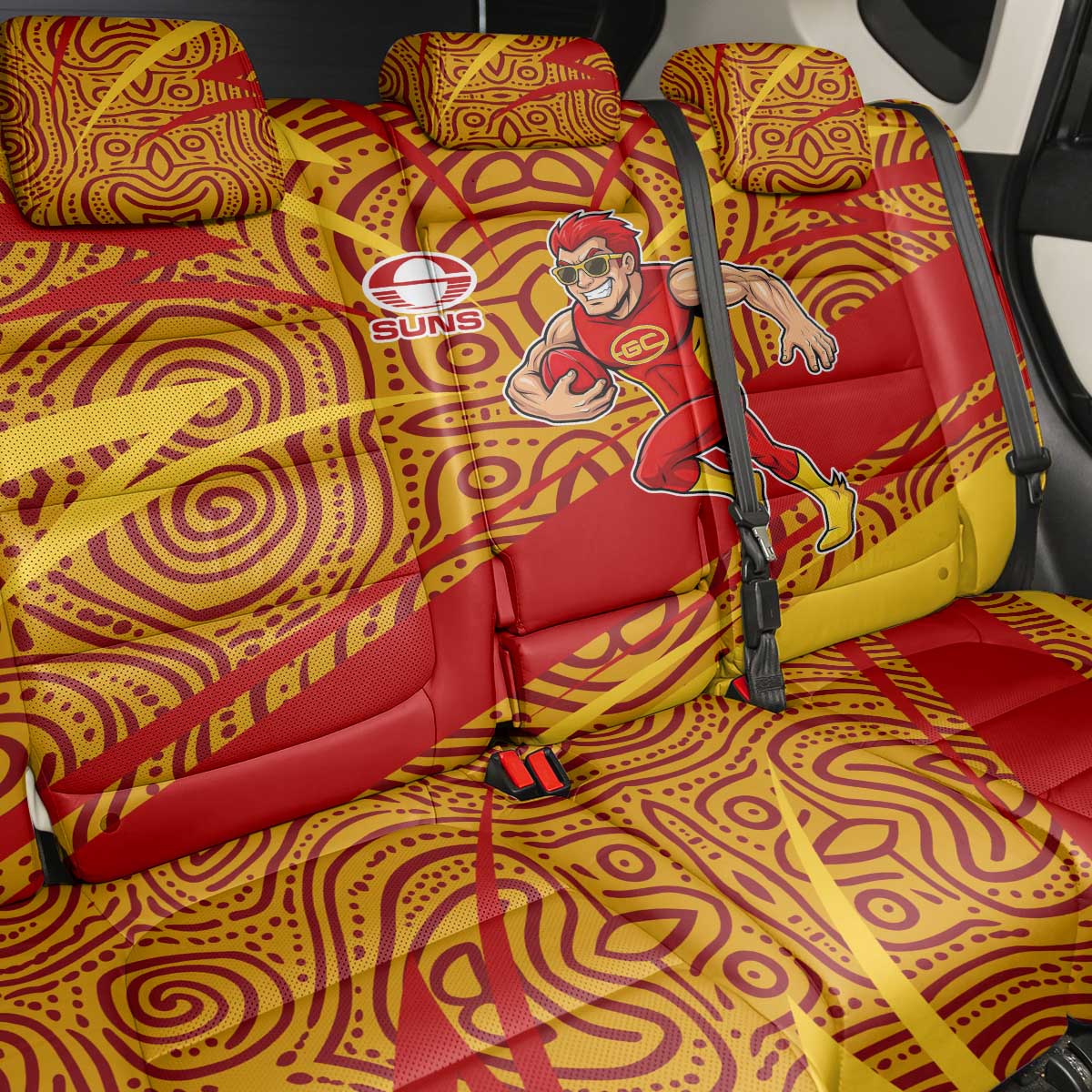 Gold Coast Suns Australian Football Back Car Seat Cover Sunny Hero Mascot With Indigenous Pattern Art