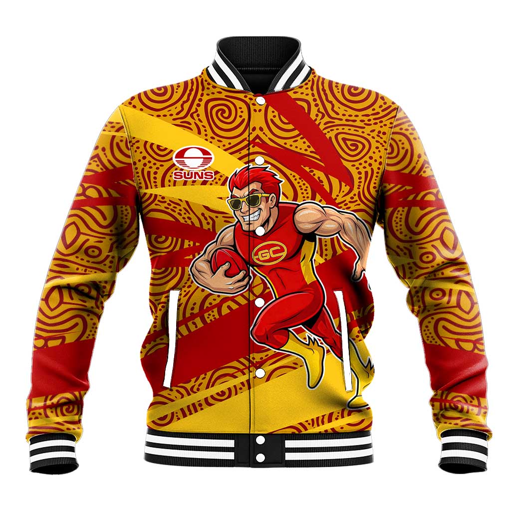 Gold Coast Suns Australian Football Baseball Jacket Sunny Hero Mascot With Indigenous Pattern Art