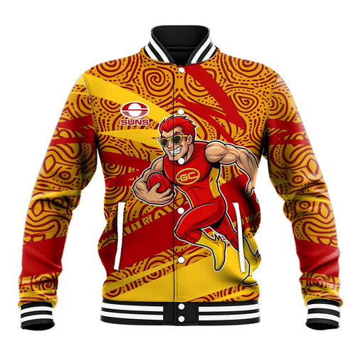 Gold Coast Suns Australian Football Baseball Jacket Sunny Hero Mascot With Indigenous Pattern Art