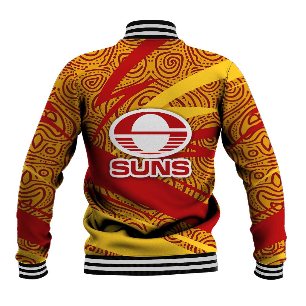 Gold Coast Suns Australian Football Baseball Jacket Sunny Hero Mascot With Indigenous Pattern Art