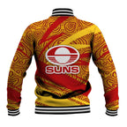 Gold Coast Suns Australian Football Baseball Jacket Sunny Hero Mascot With Indigenous Pattern Art