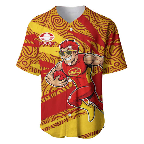 Gold Coast Suns Australian Football Baseball Jersey Sunny Hero Mascot With Indigenous Pattern Art