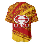 Gold Coast Suns Australian Football Baseball Jersey Sunny Hero Mascot With Indigenous Pattern Art