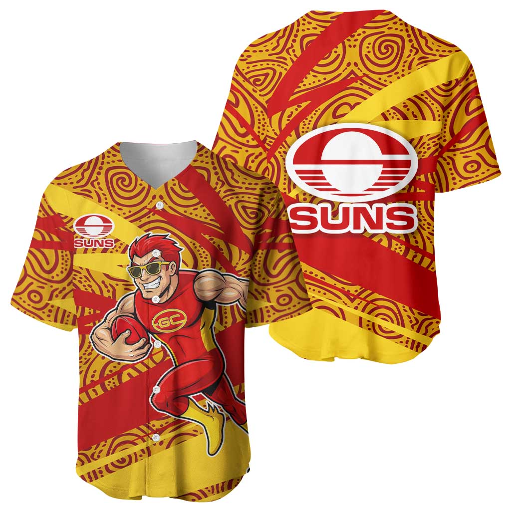 Gold Coast Suns Australian Football Baseball Jersey Sunny Hero Mascot With Indigenous Pattern Art