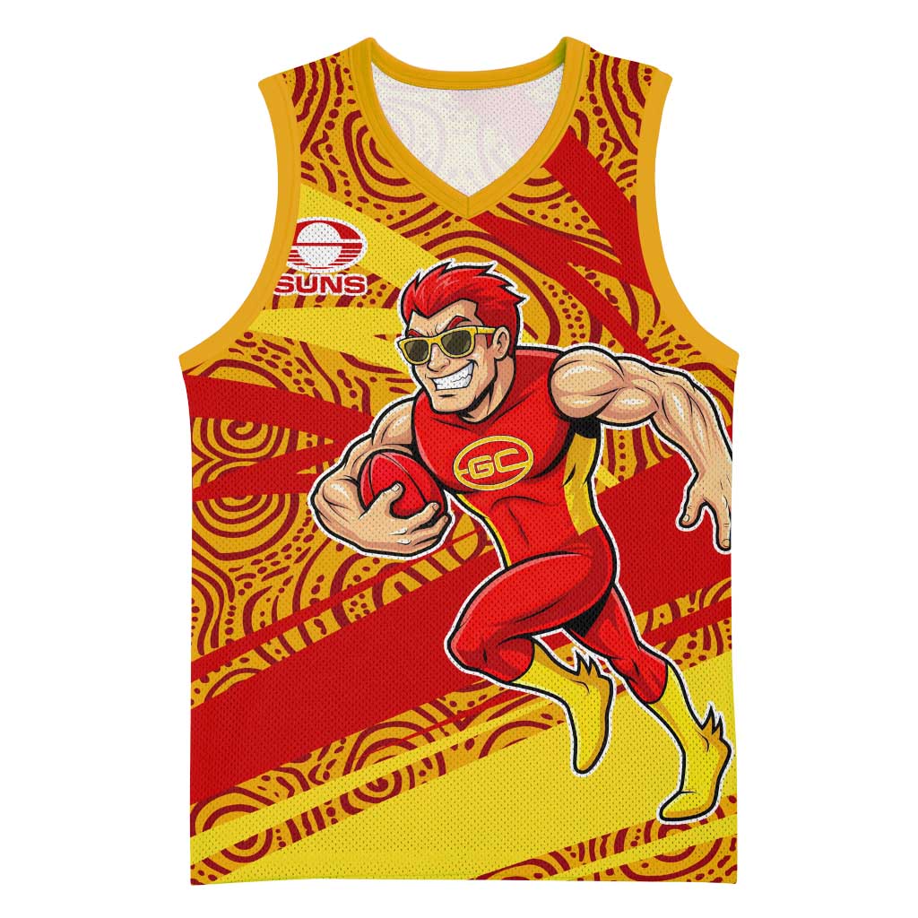Gold Coast Suns Australian Football Basketball Jersey Sunny Hero Mascot With Indigenous Pattern Art
