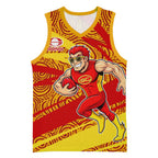 Gold Coast Suns Australian Football Basketball Jersey Sunny Hero Mascot With Indigenous Pattern Art