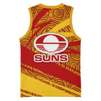 Gold Coast Suns Australian Football Basketball Jersey Sunny Hero Mascot With Indigenous Pattern Art