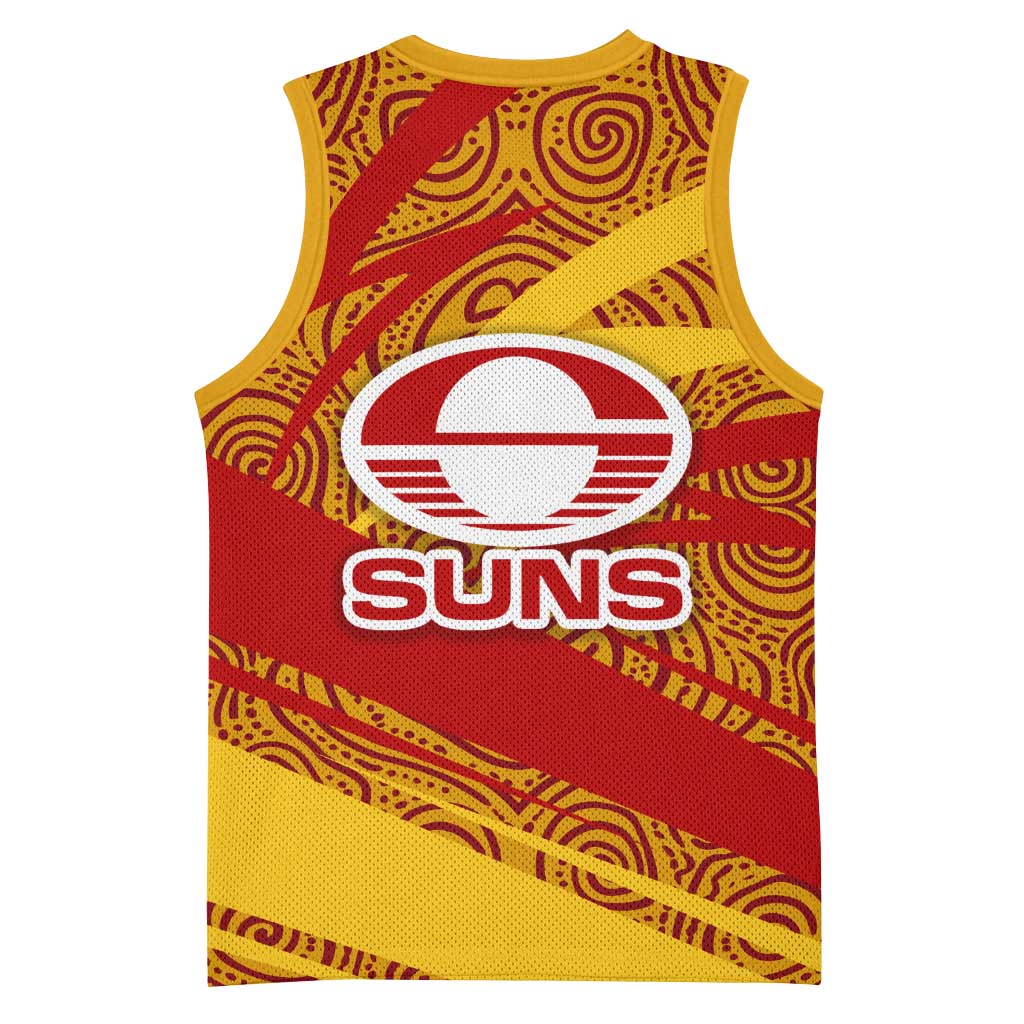 Gold Coast Suns Australian Football Basketball Jersey Sunny Hero Mascot With Indigenous Pattern Art