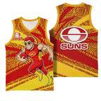 Gold Coast Suns Australian Football Basketball Jersey Sunny Hero Mascot With Indigenous Pattern Art