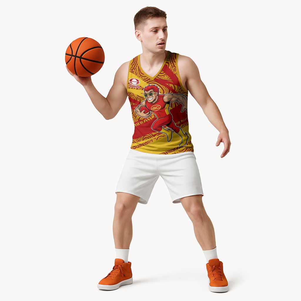 Gold Coast Suns Australian Football Basketball Jersey Sunny Hero Mascot With Indigenous Pattern Art