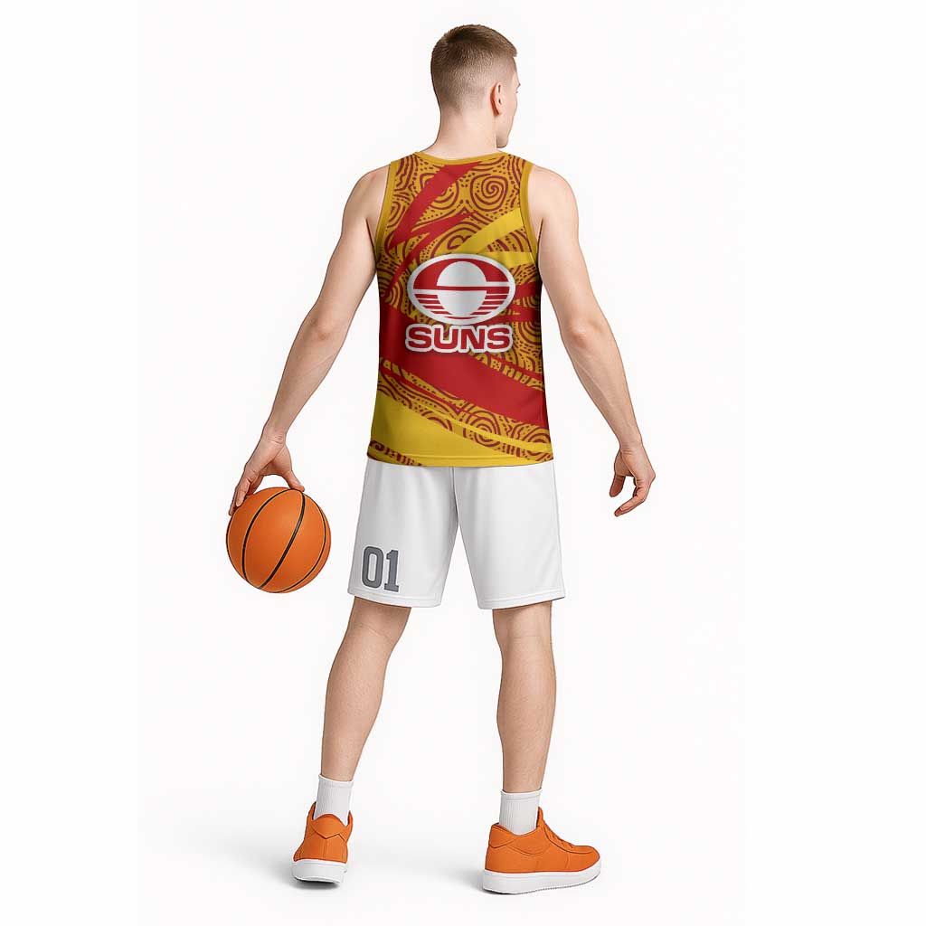 Gold Coast Suns Australian Football Basketball Jersey Sunny Hero Mascot With Indigenous Pattern Art