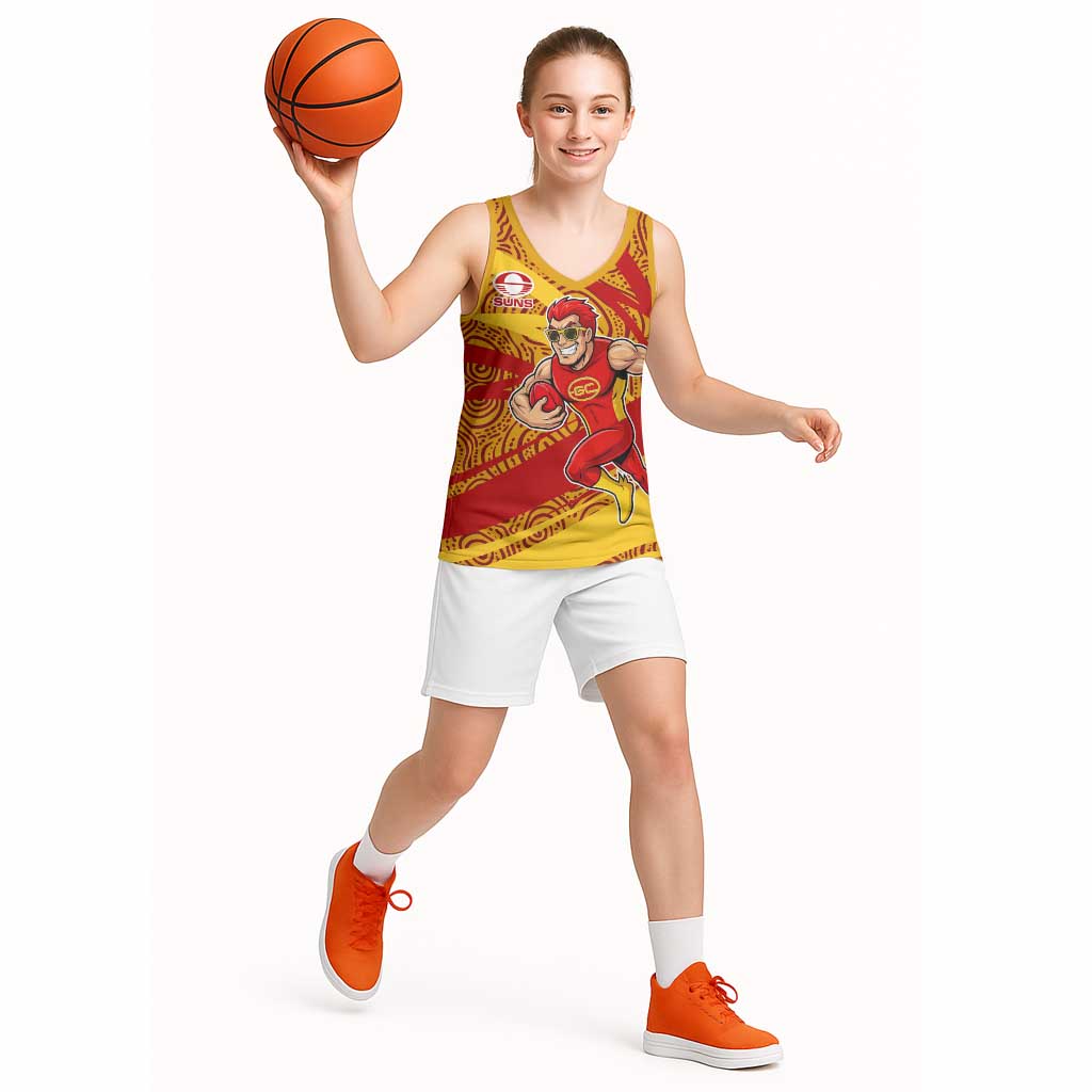 Gold Coast Suns Australian Football Basketball Jersey Sunny Hero Mascot With Indigenous Pattern Art