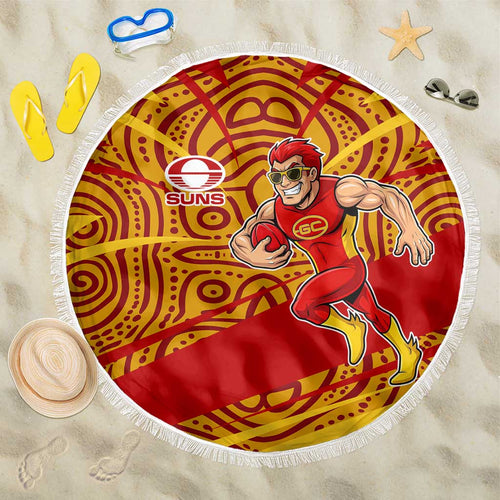 Gold Coast Suns Australian Football Beach Blanket Sunny Hero Mascot With Indigenous Pattern Art