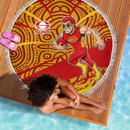 Gold Coast Suns Australian Football Beach Blanket Sunny Hero Mascot With Indigenous Pattern Art