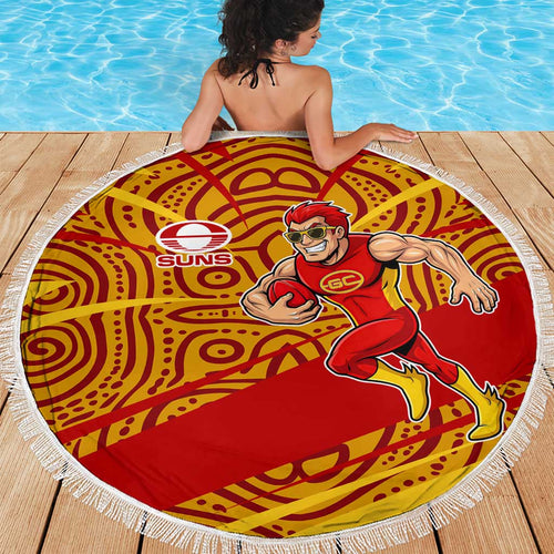 Gold Coast Suns Australian Football Beach Blanket Sunny Hero Mascot With Indigenous Pattern Art