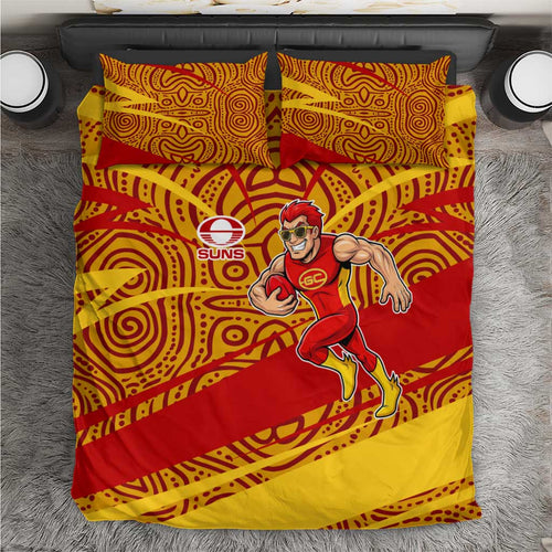 Gold Coast Suns Australian Football Bedding Set Sunny Hero Mascot With Indigenous Pattern Art