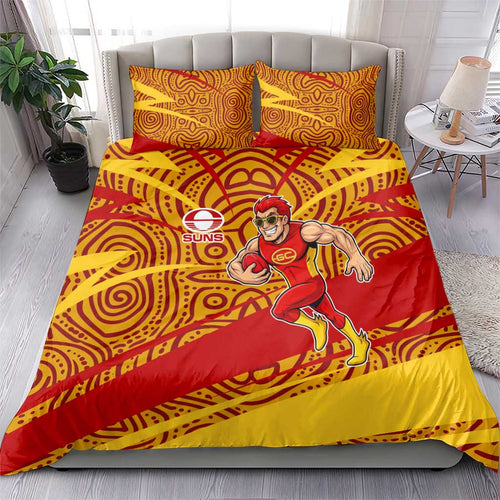 Gold Coast Suns Australian Football Bedding Set Sunny Hero Mascot With Indigenous Pattern Art