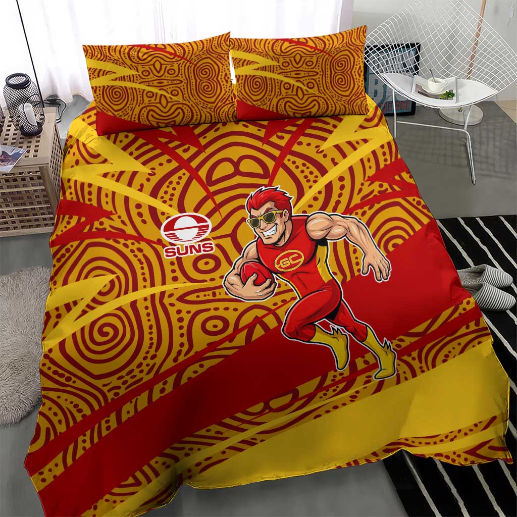Gold Coast Suns Australian Football Bedding Set Sunny Hero Mascot With Indigenous Pattern Art