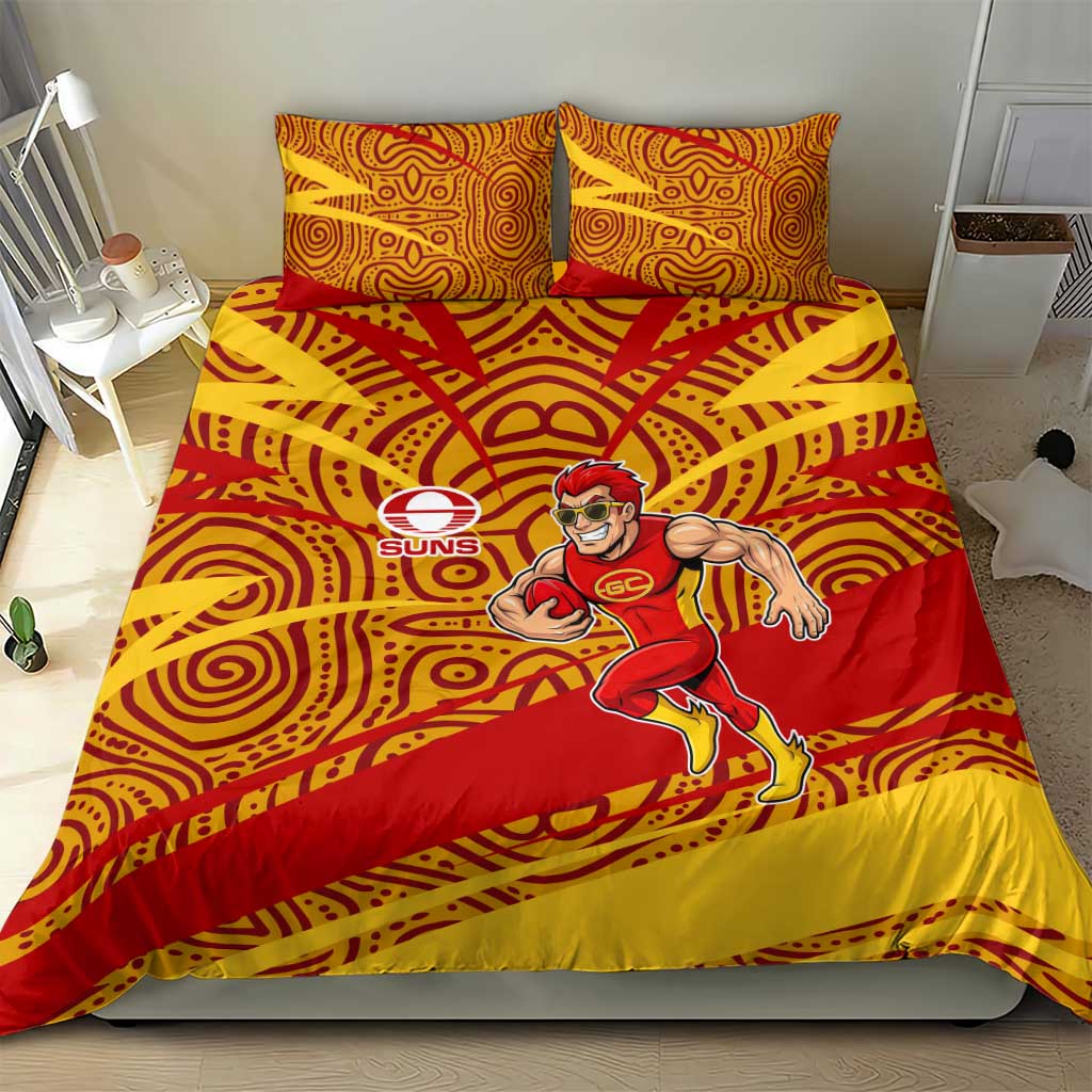 Gold Coast Suns Australian Football Bedding Set Sunny Hero Mascot With Indigenous Pattern Art