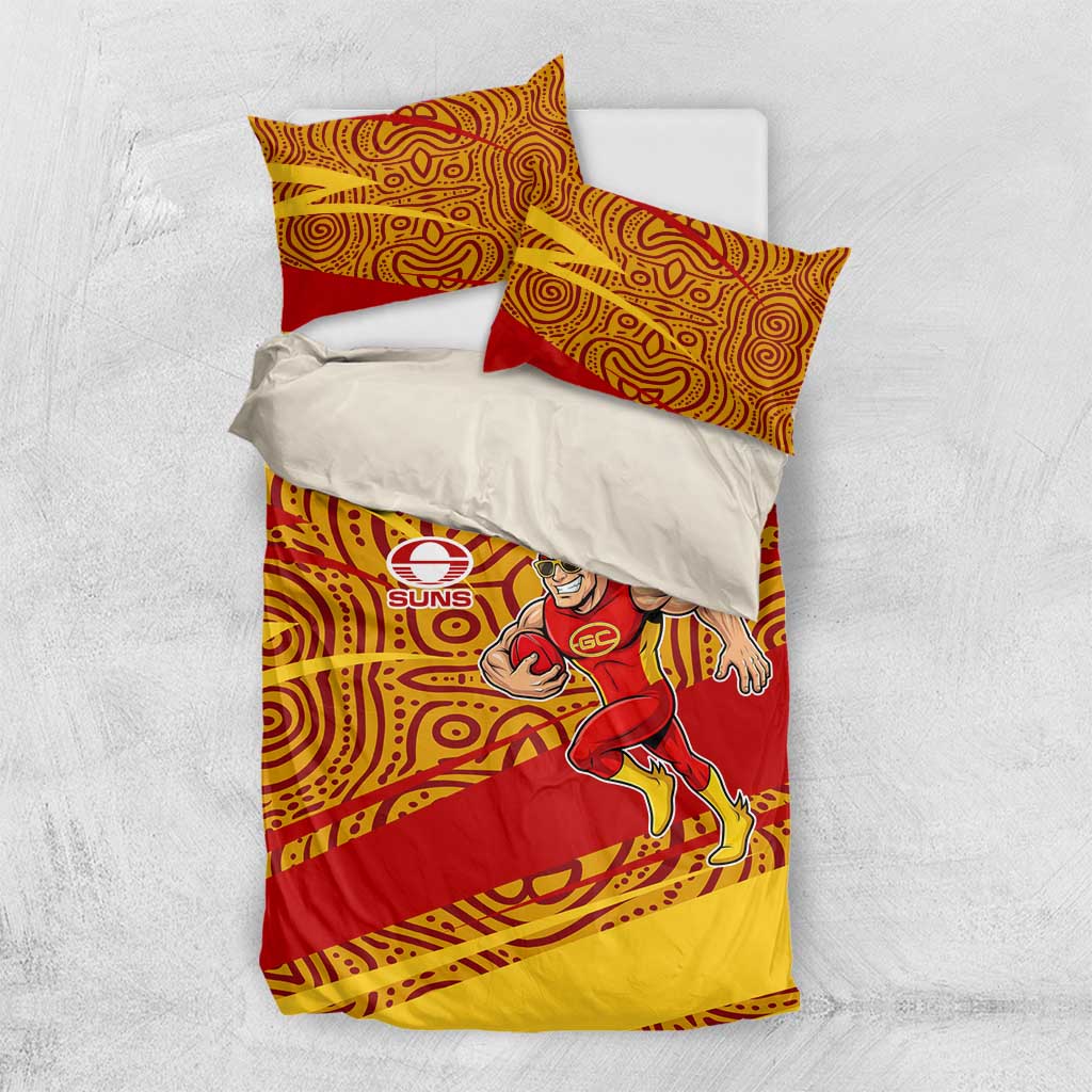 Gold Coast Suns Australian Football Bedding Set Sunny Hero Mascot With Indigenous Pattern Art