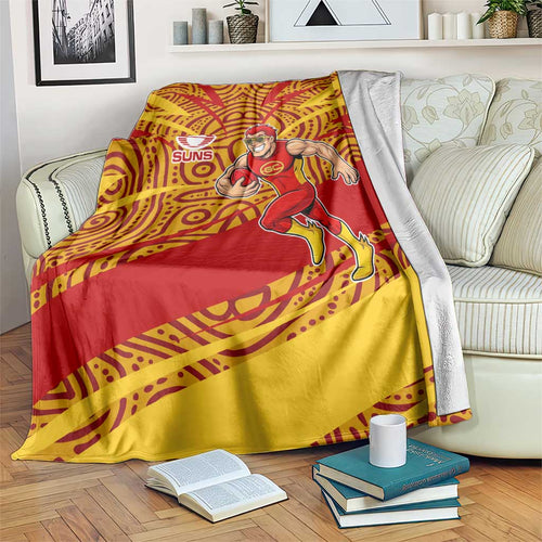 Gold Coast Suns Australian Football Blanket Sunny Hero Mascot With Indigenous Pattern Art