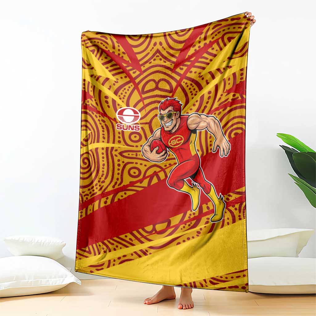 Gold Coast Suns Australian Football Blanket Sunny Hero Mascot With Indigenous Pattern Art