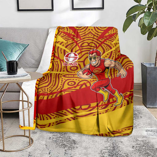 Gold Coast Suns Australian Football Blanket Sunny Hero Mascot With Indigenous Pattern Art