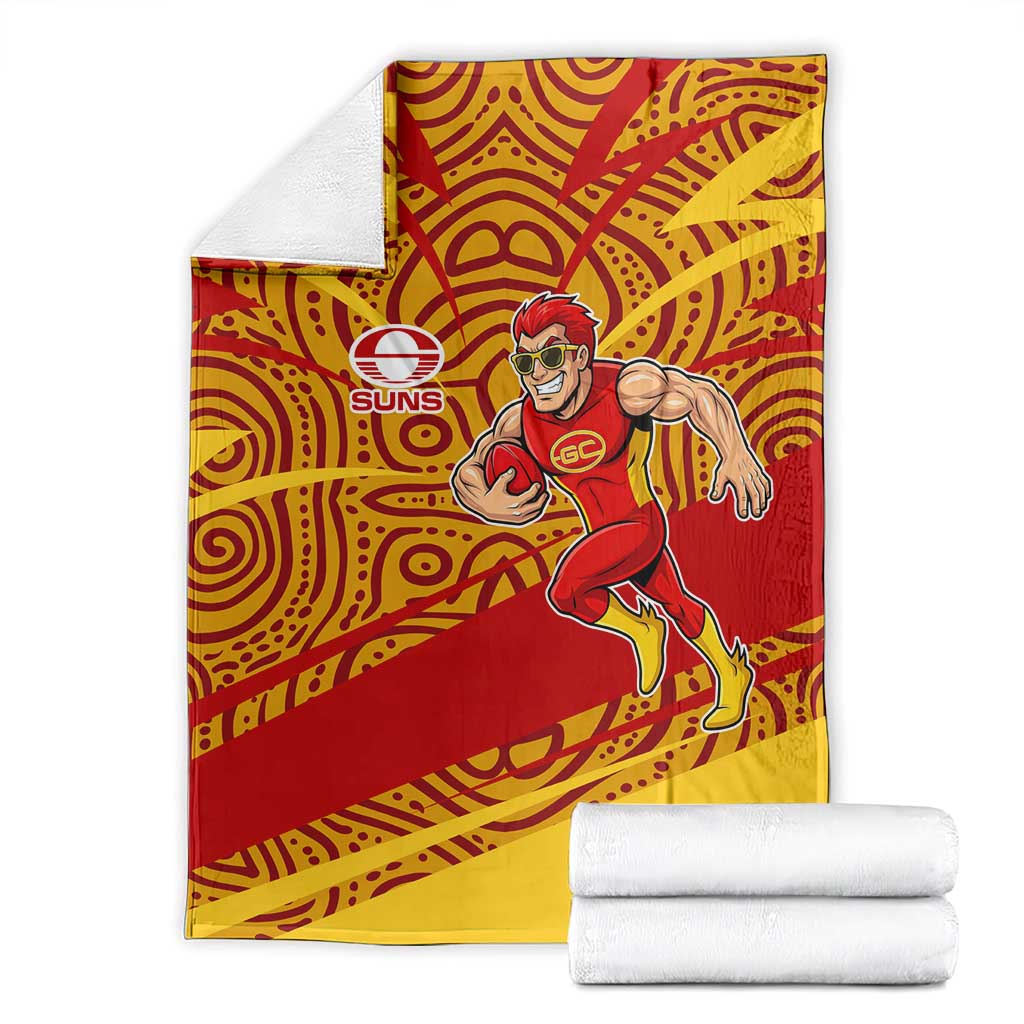 Gold Coast Suns Australian Football Blanket Sunny Hero Mascot With Indigenous Pattern Art