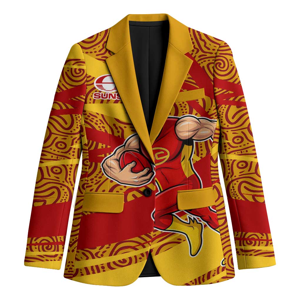 Gold Coast Suns Australian Football Blazer Sunny Hero Mascot With Indigenous Pattern Art