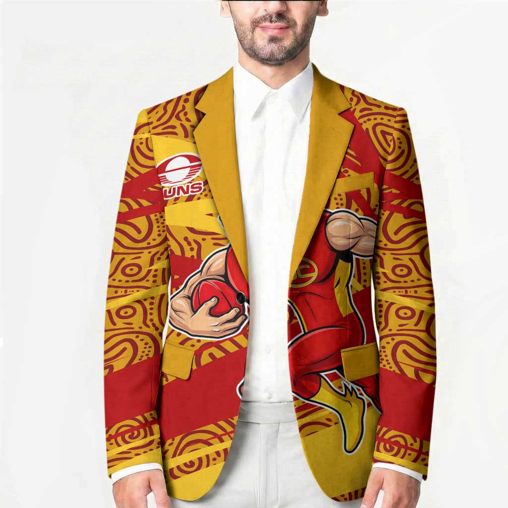 Gold Coast Suns Australian Football Blazer Sunny Hero Mascot With Indigenous Pattern Art
