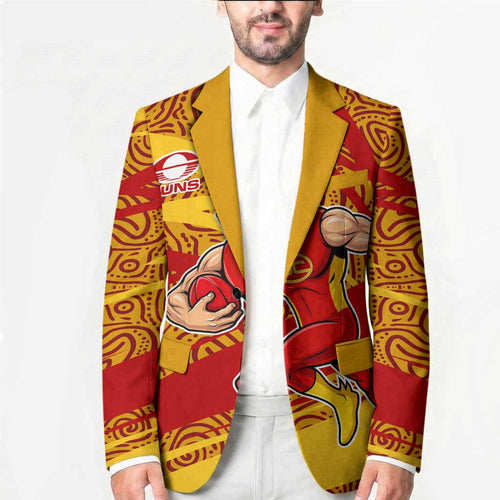 Gold Coast Suns Australian Football Blazer Sunny Hero Mascot With Indigenous Pattern Art